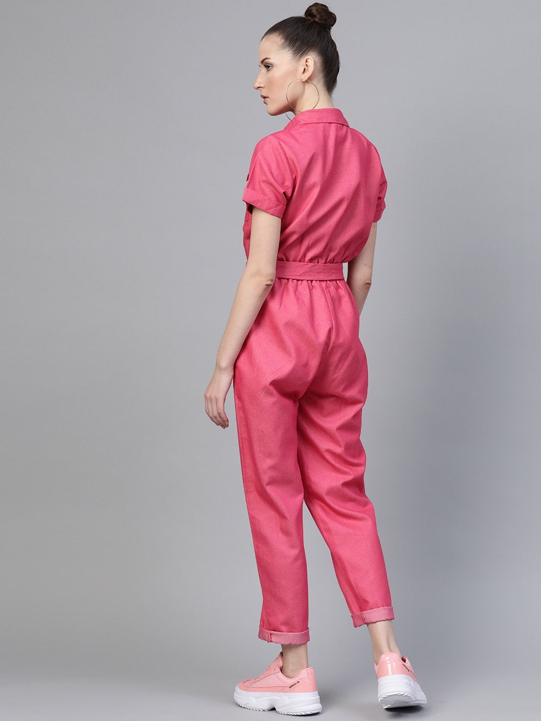 Women's Fuchsia Belted Twill Tapered Jumpsuit