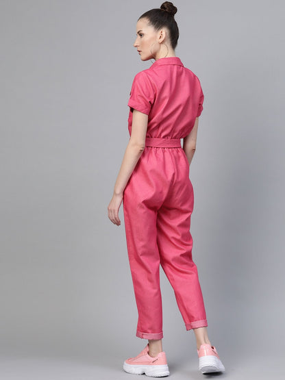 Women's Fuchsia Belted Twill Tapered Jumpsuit
