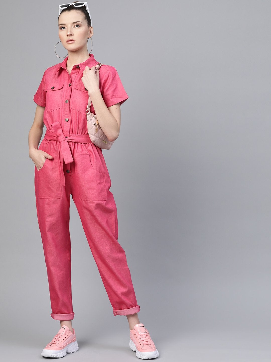Women's Fuchsia Belted Twill Tapered Jumpsuit