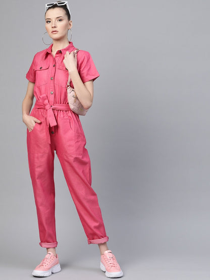 Women's Fuchsia Belted Twill Tapered Jumpsuit