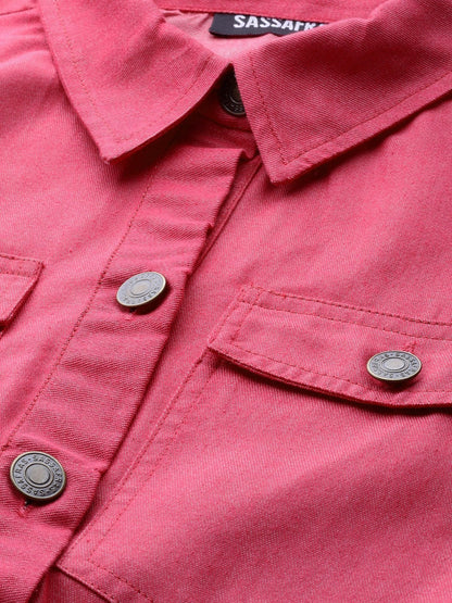 Women's Fuchsia Belted Twill Tapered Jumpsuit