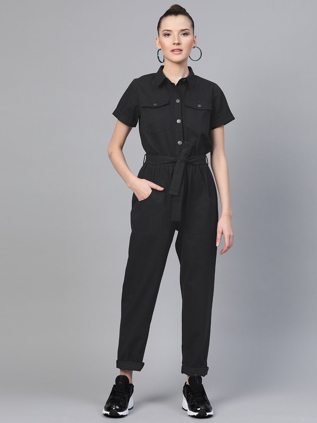 Women's Black Belted Twill Tapered Jumpsuit