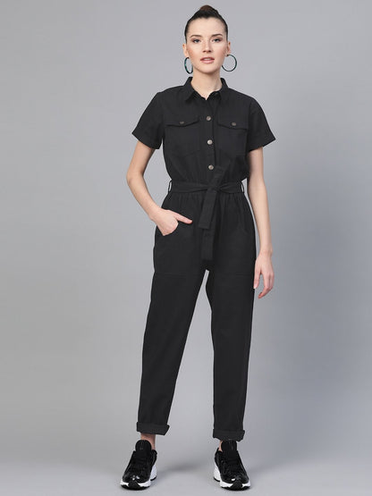 Women's Black Belted Twill Tapered Jumpsuit