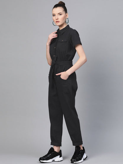 Women's Black Belted Twill Tapered Jumpsuit
