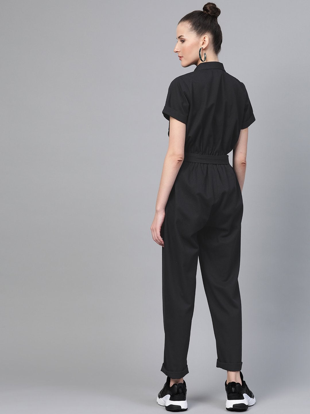 Women's Black Belted Twill Tapered Jumpsuit