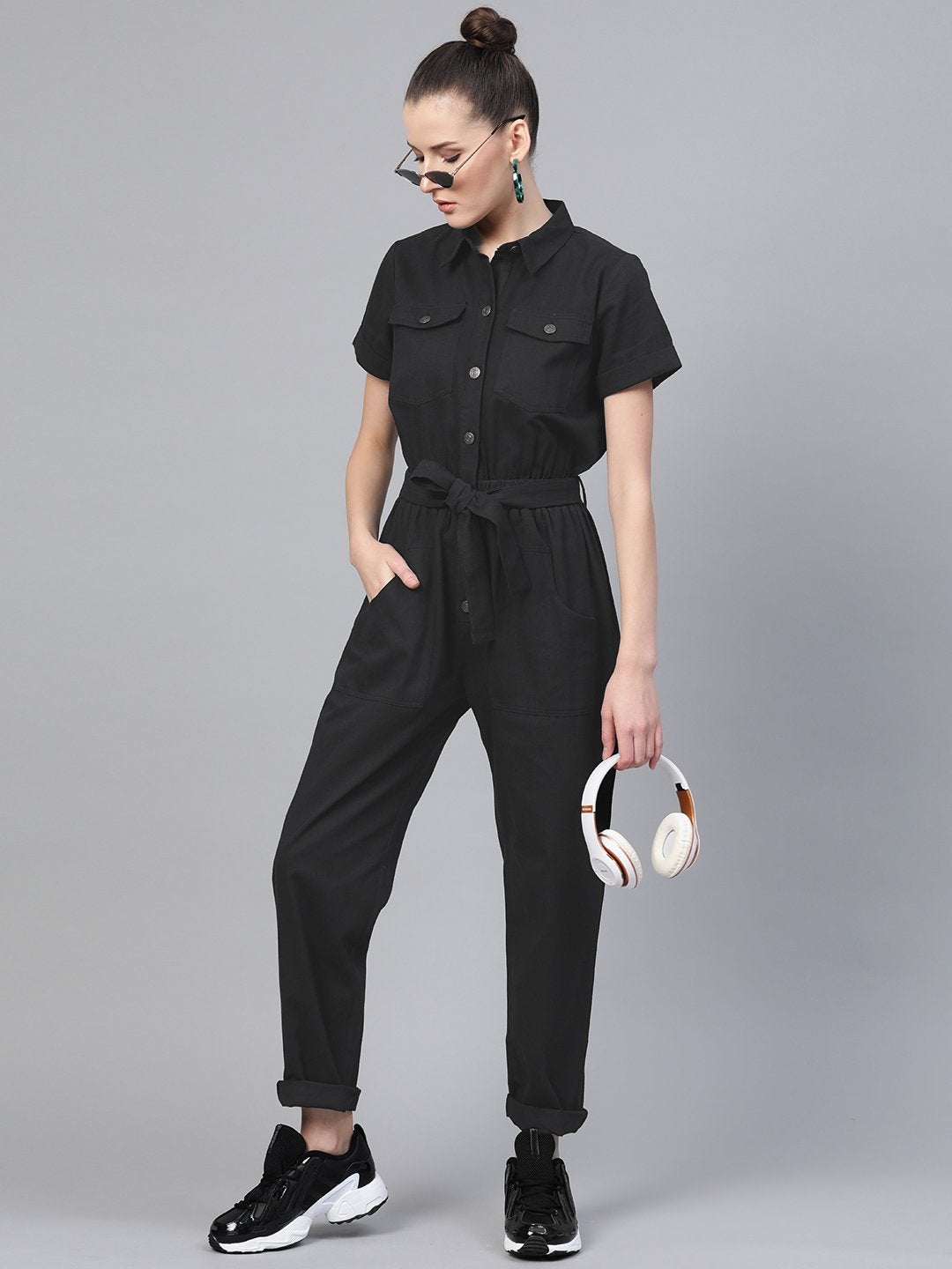 Women's Black Belted Twill Tapered Jumpsuit