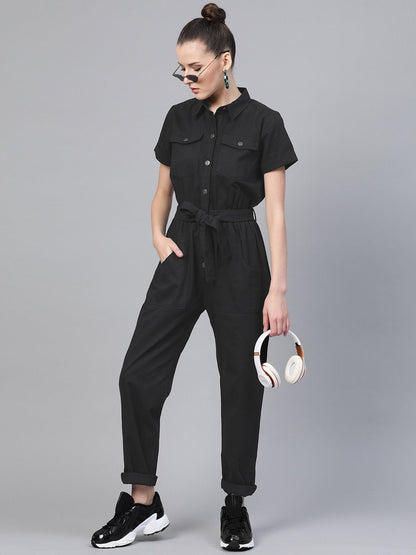 Women's Black Belted Twill Tapered Jumpsuit