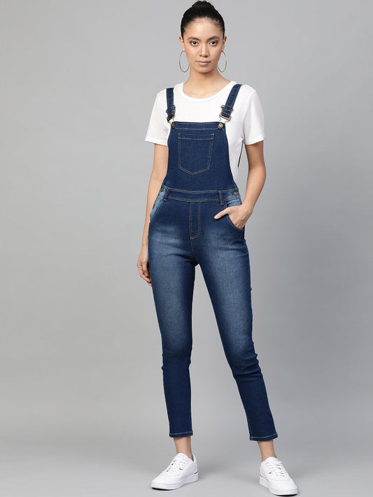 Women's Blue Bleach Wash Stretch Denim Dungaree
