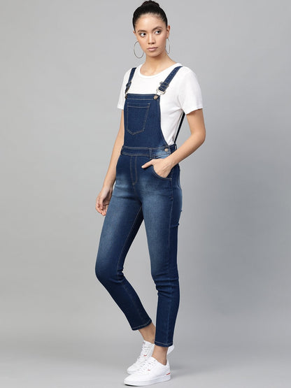 Women's Blue Bleach Wash Stretch Denim Dungaree