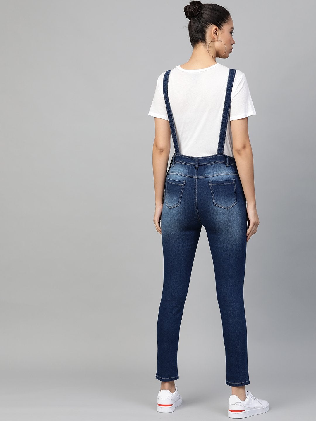 Women's Blue Bleach Wash Stretch Denim Dungaree