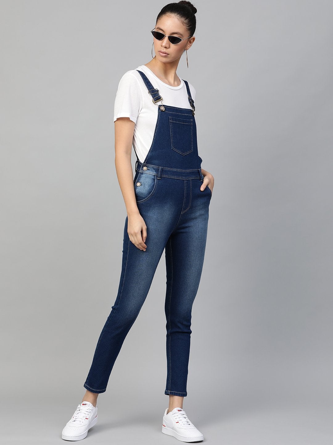 Women's Blue Bleach Wash Stretch Denim Dungaree