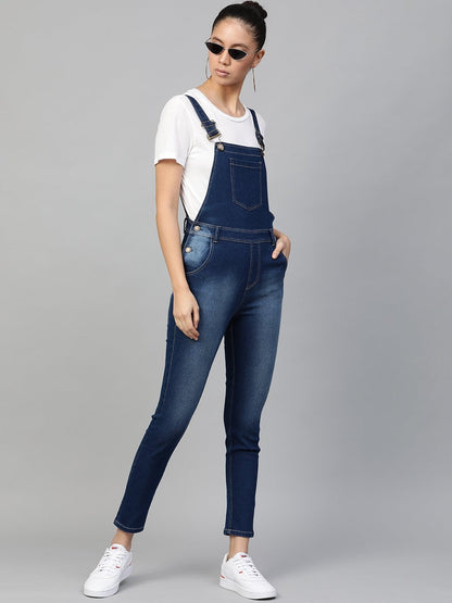 Women's Blue Bleach Wash Stretch Denim Dungaree