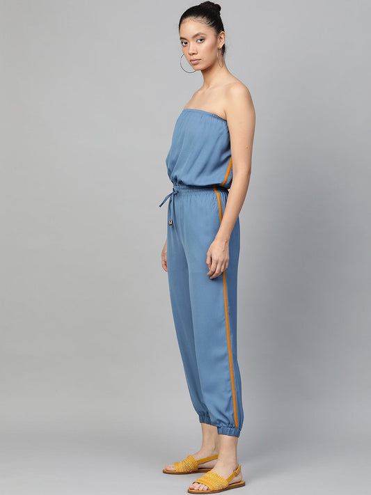 Women's Teal Blue Side Tape Tube Bardot Jampsuit