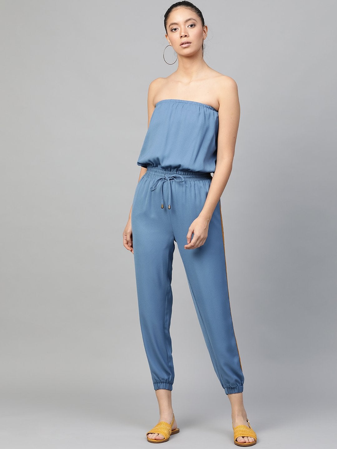 Women's Teal Blue Side Tape Tube Bardot Jampsuit