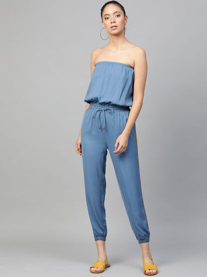 Women's Teal Blue Side Tape Tube Bardot Jampsuit