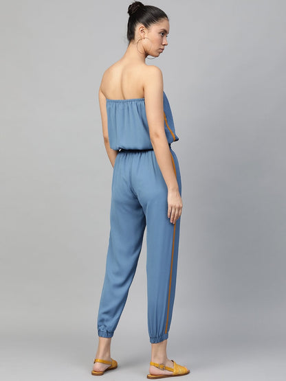 Women's Teal Blue Side Tape Tube Bardot Jampsuit