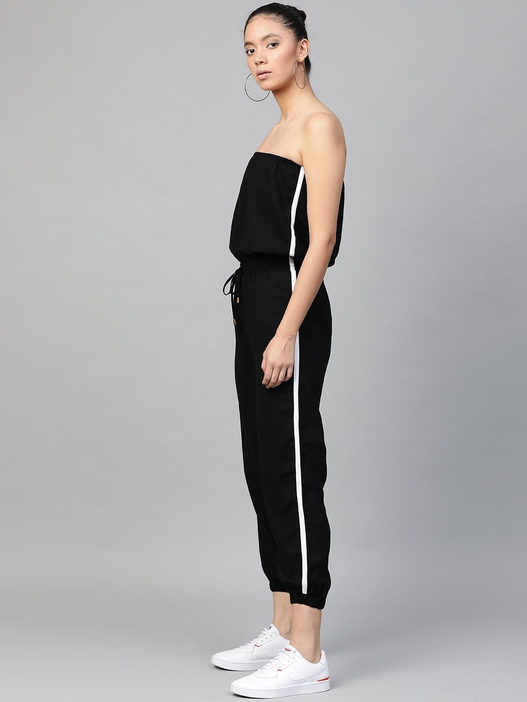 Women's Black Side Tape Tube Bardot Jumpsuit
