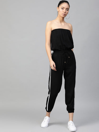 Women's Black Side Tape Tube Bardot Jumpsuit