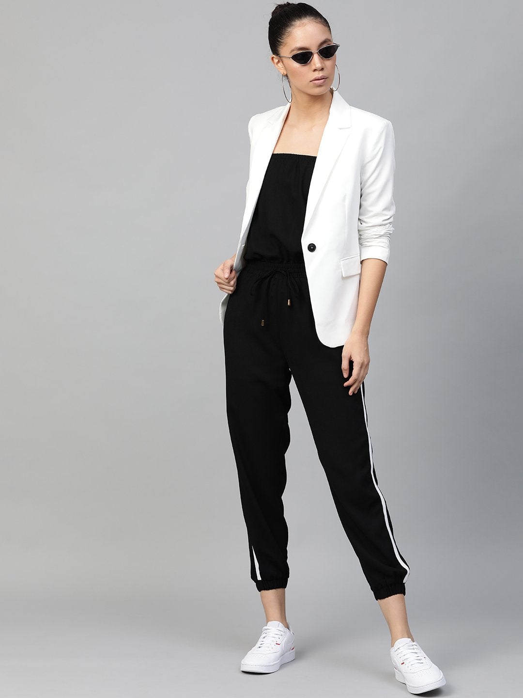 Women's Black Side Tape Tube Bardot Jumpsuit