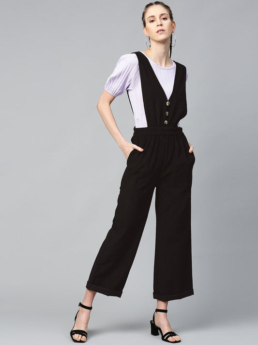 Women's Black Corduroy Buttoned Dungaree