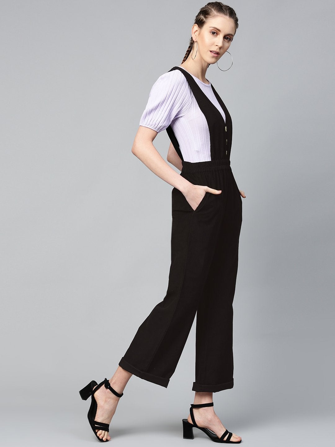 Women's Black Corduroy Buttoned Dungaree