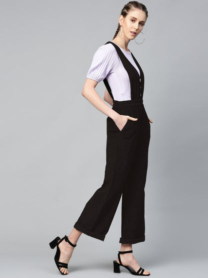 Women's Black Corduroy Buttoned Dungaree
