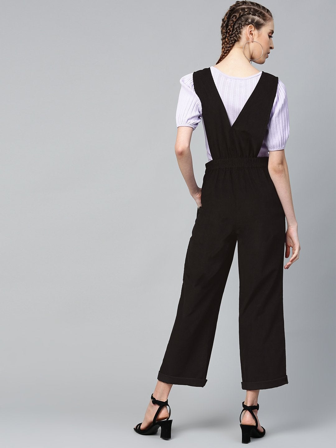 Women's Black Corduroy Buttoned Dungaree
