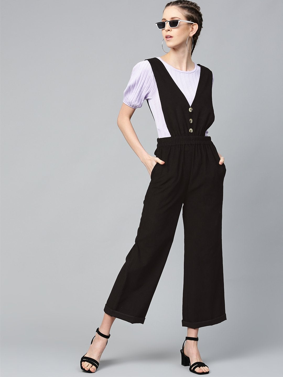 Women's Black Corduroy Buttoned Dungaree