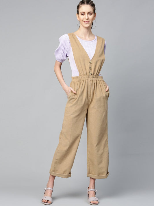 Women's Beige Corduroy Buttoned Dungaree