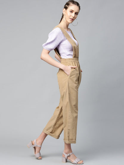 Women's Beige Corduroy Buttoned Dungaree