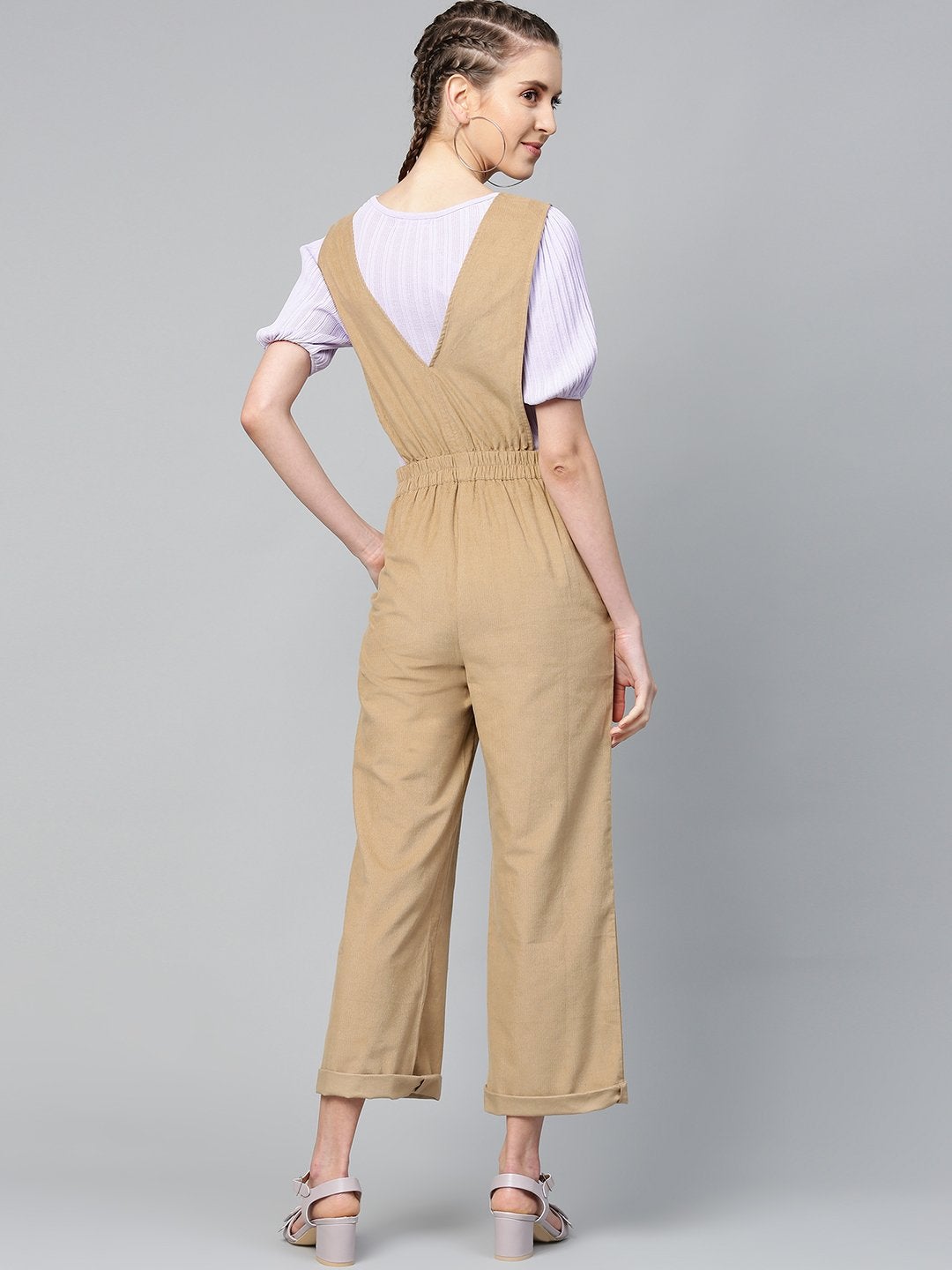 Women's Beige Corduroy Buttoned Dungaree