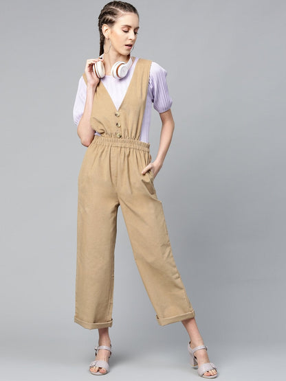 Women's Beige Corduroy Buttoned Dungaree