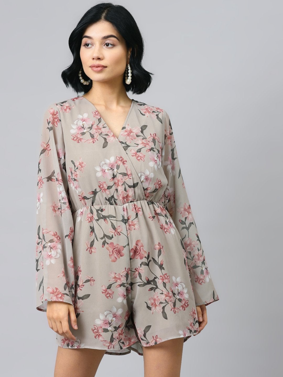 Women's Olive Floral Wrap Romper