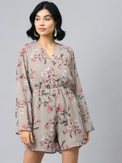 Women's Olive Floral Wrap Romper