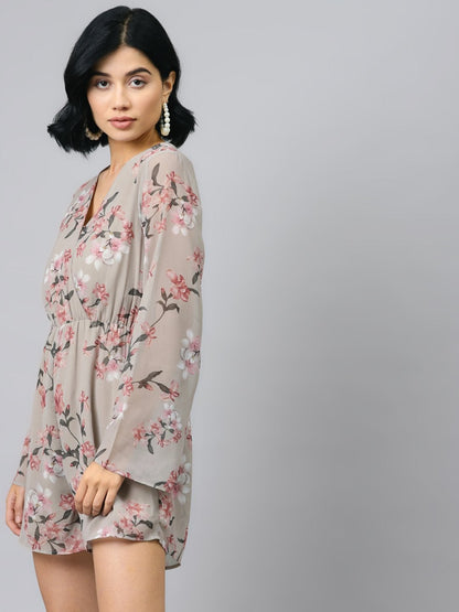 Women's Olive Floral Wrap Romper