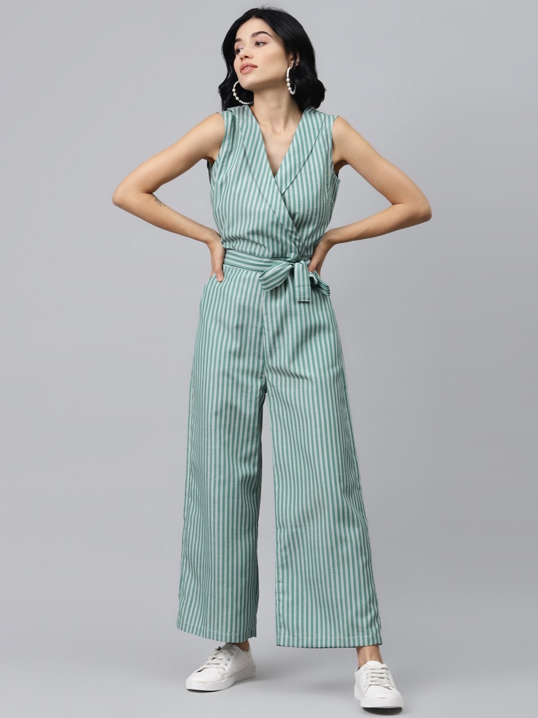 Women's Green Stripes Wrap Jumpsuit