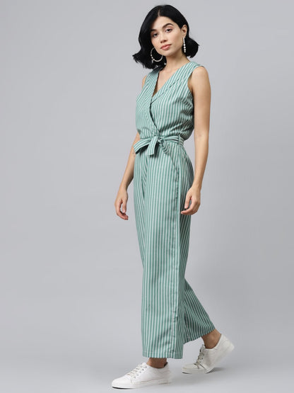 Women's Green Stripes Wrap Jumpsuit