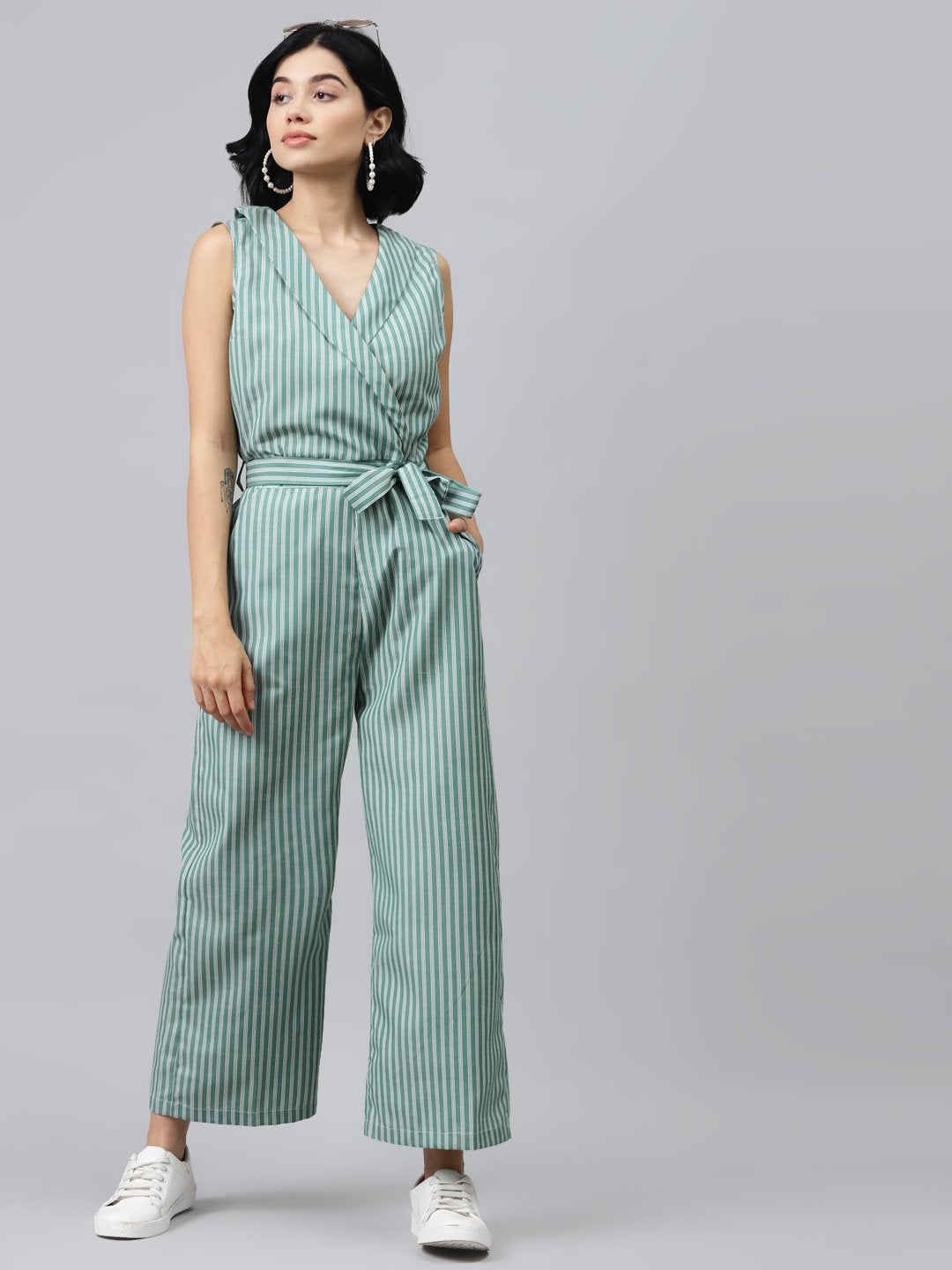 Women's Green Stripes Wrap Jumpsuit
