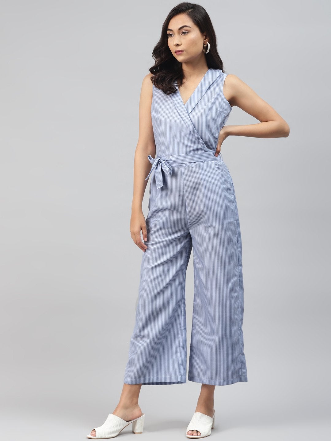 Women's Blue Stripes Wrap Jumpsuit