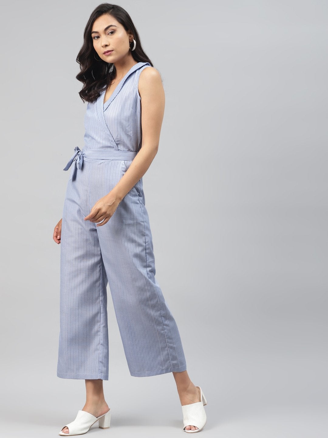 Women's Blue Stripes Wrap Jumpsuit