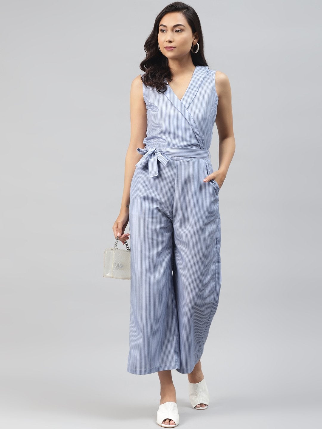 Women's Blue Stripes Wrap Jumpsuit
