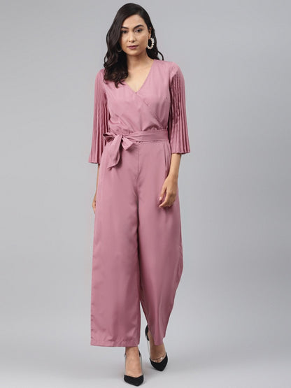 Women's Baked Pink Wrap Pleated Sleeves Jumpsuit