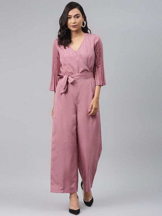 Women's Baked Pink Wrap Pleated Sleeves Jumpsuit
