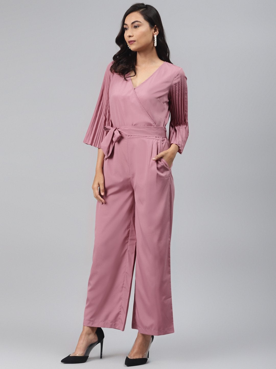 Women's Baked Pink Wrap Pleated Sleeves Jumpsuit