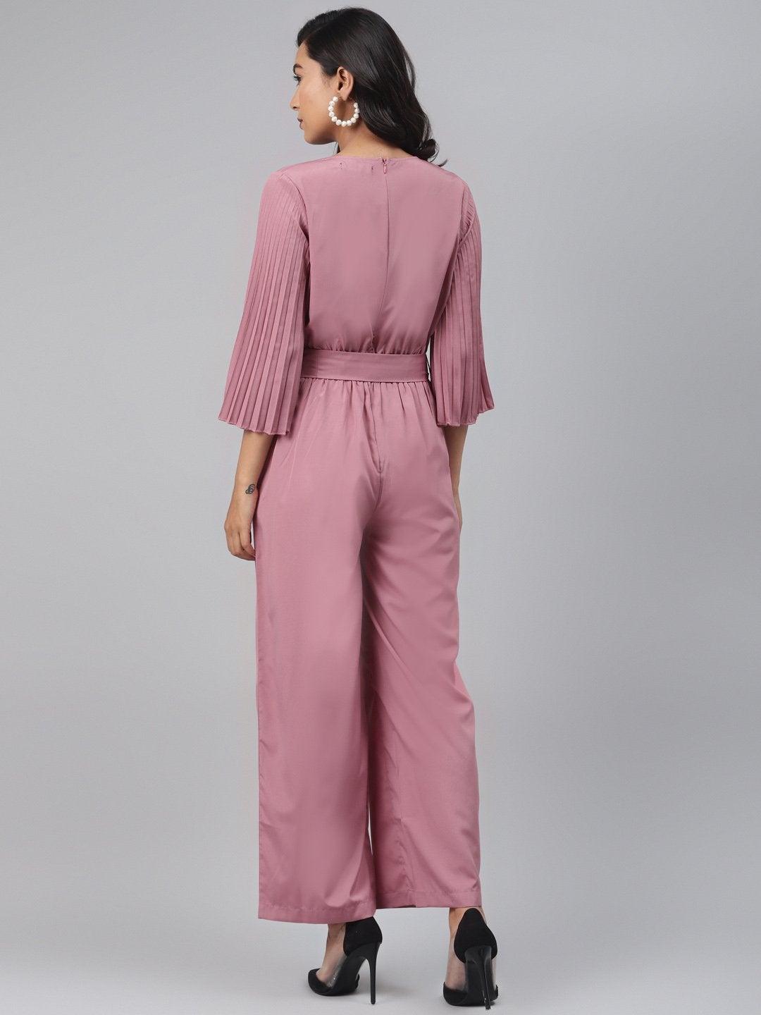 Women's Baked Pink Wrap Pleated Sleeves Jumpsuit