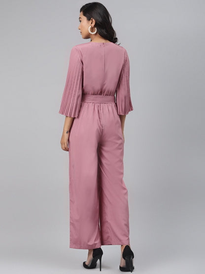 Women's Baked Pink Wrap Pleated Sleeves Jumpsuit