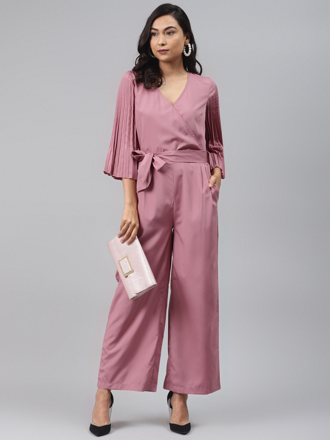 Women's Baked Pink Wrap Pleated Sleeves Jumpsuit