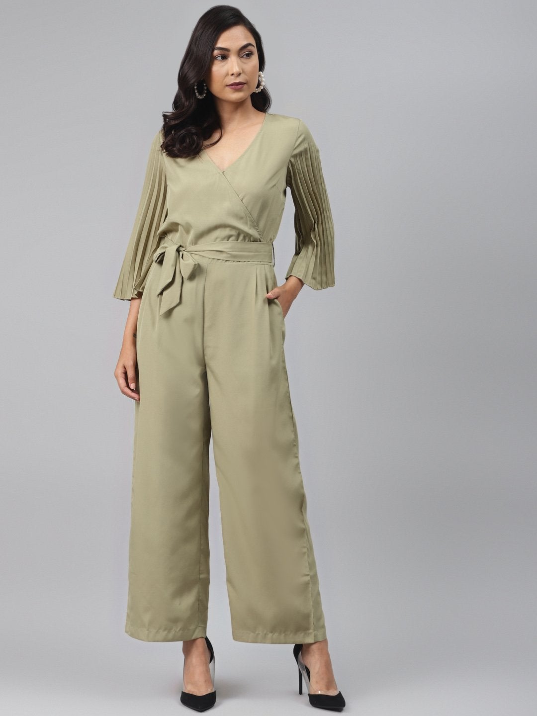 Women's Olive Pink Wrap Pleated Sleeves Jumpsuit