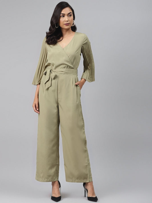 Women's Olive Pink Wrap Pleated Sleeves Jumpsuit