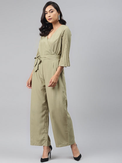 Women's Olive Pink Wrap Pleated Sleeves Jumpsuit